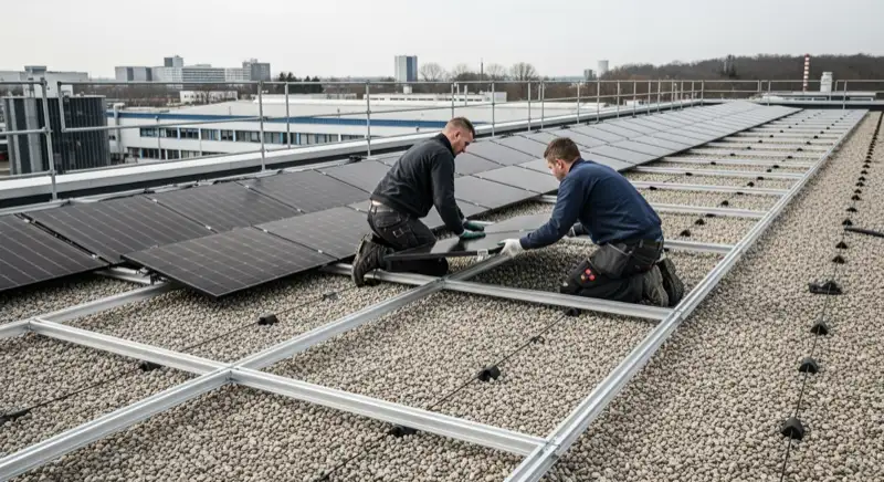 Zwei Solarmonteure knien auf einem Flachdach und setzen ein Modul auf die ballastierte Unterkonstruktion