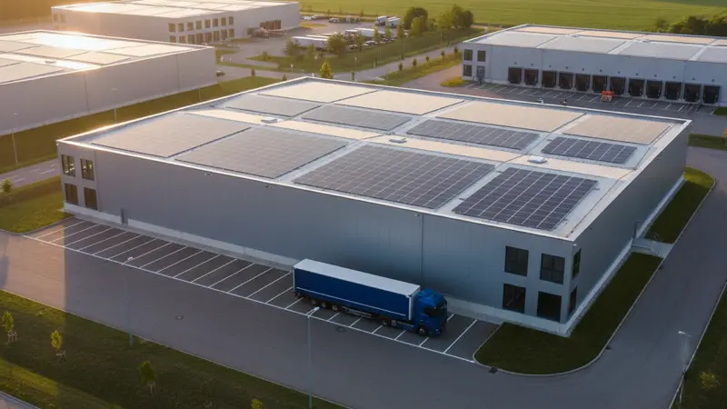Logistikhalle mit großer PV-Anlage aus der Vogelperspektive