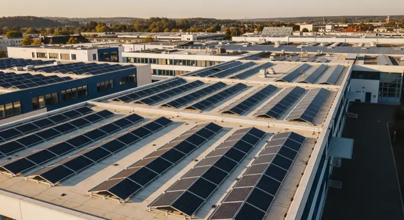 Professionelle Montage von Solarmodulen auf einem gewerblichen Flachdach