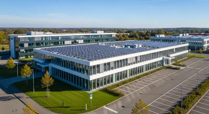 Gewerbliches Bürogebäude mit Photovoltaikanlage auf dem Dach