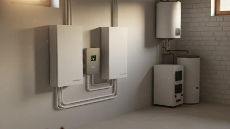 Moderner Batteriespeicher und Wechselrichter in einem deutschen Hauswirtschaftsraum