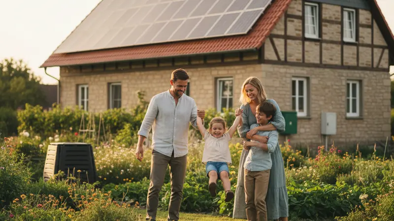 Deutsche Familie im Garten vor ihrem Haus mit Solaranlage auf dem Dach