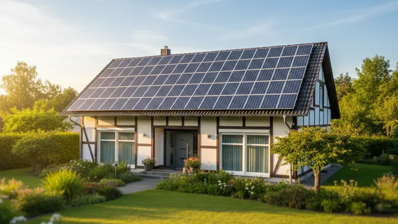 Photovoltaikanlage auf einem modernen deutschen Einfamilienhaus mit blauem Himmel und gruenem Garten