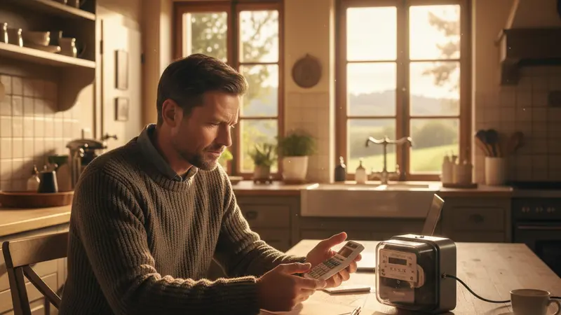 Hauseigentuemer berechnet den Gewinn seiner Solaranlage am Küchentisch mit Taschenrechner