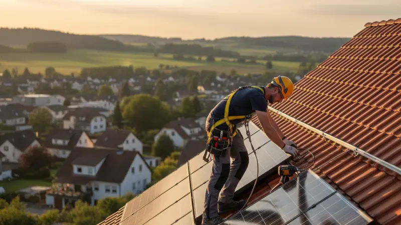Fachhandwerker installiert Solarmodule auf einem deutschen Hausdach bei Sonnenschein