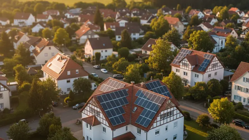 Luftaufnahme einer deutschen Wohnsiedlung mit Solaranlagen auf mehreren Hausdaechern