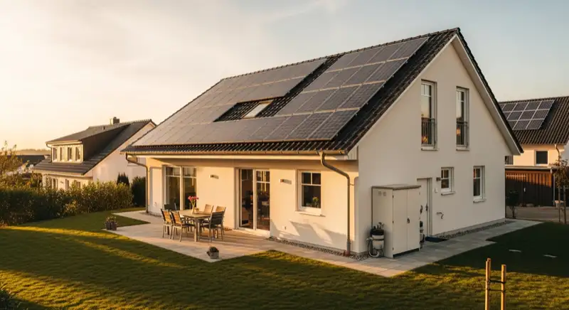 Deutsches Einfamilienhaus mit Photovoltaikmodulen auf Montageschienen