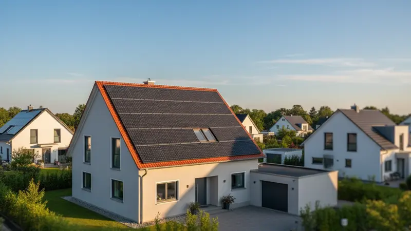 Photovoltaik Solarmodule auf einem deutschen Einfamilienhaus mit Satteldach