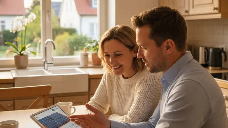 Energieberater zeigt Hausbesitzer ein Solaranlage Angebot auf einem Tablet