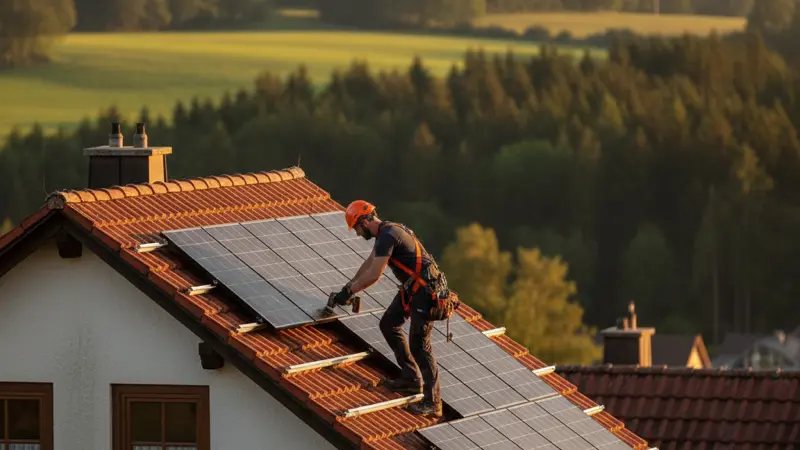 Solartechniker installiert Photovoltaik Module auf einem Hausdach mit professioneller Montage