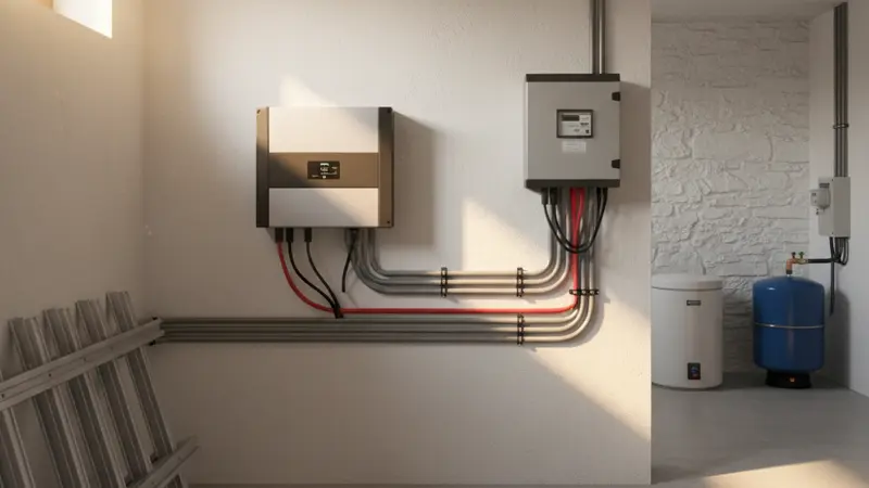 Moderner Wechselrichter an der Wand montiert in einem deutschen Hauswirtschaftsraum