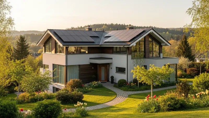 Einfamilienhaus mit Solaranlage auf dem Dach und Gasheizung im Keller, Frühling in Deutschland