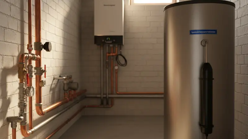 Warmwasserspeicher mit eingebautem Heizstab und Anschluss an eine PV-Anlage in einem deutschen Heizungskeller