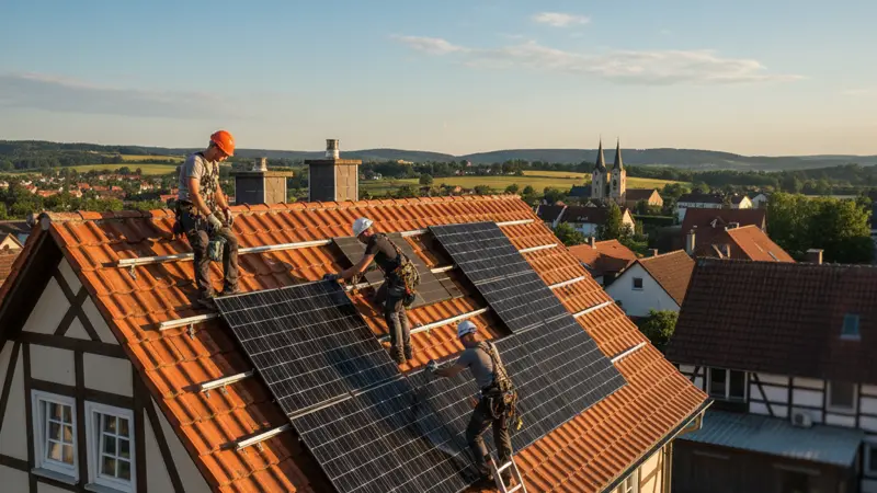Handwerker installieren Solarmodule auf dem Dach eines Einfamilienhauses in Deutschland