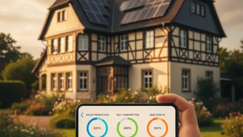 Smartphone mit PV-Monitoring-App zeigt Solarertrag und Eigenverbrauch eines Einfamilienhauses