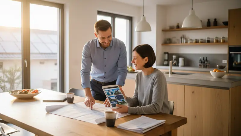 Energieberater plant mit Eigenheimbesitzer die PV-Anlage am Küchentisch mit Grundriss und Dachfotos
