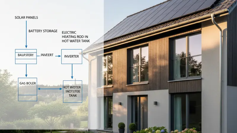 Schematische Darstellung einer PV-Hybrid-Gasheizung mit Solarmodulen, Wechselrichter, Heizstab und Gaskessel