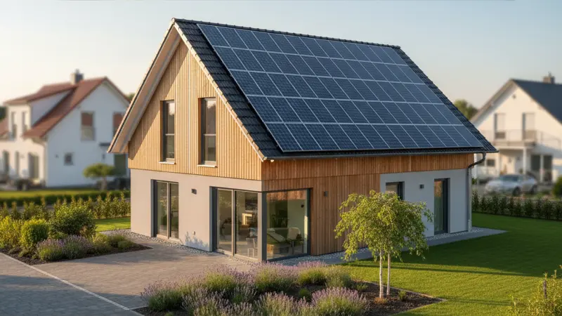 Modernes deutsches Einfamilienhaus mit Photovoltaikanlage auf dem Satteldach bei Sonnenschein