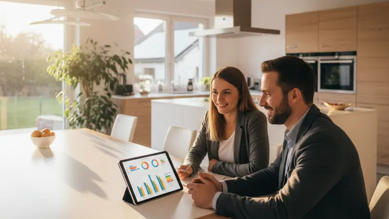 Energieberater berät ein junges Paar über Solaranlage am Küchentisch mit Tablet