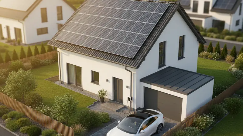 Deutsches Einfamilienhaus mit Solaranlage auf dem Dach aus der Vogelperspektive mit Elektroauto in der Auffahrt
