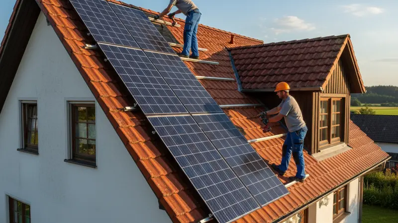 Handwerker installiert Photovoltaikmodule auf einem Ziegeldach eines deutschen Einfamilienhauses