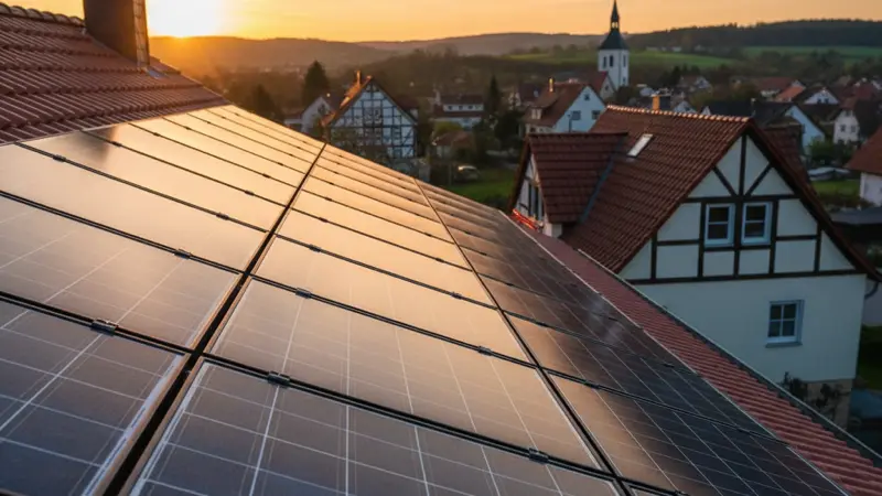 Nahaufnahme von monokristallinen Photovoltaikmodulen auf einem Hausdach mit Sonnenlichtreflexion