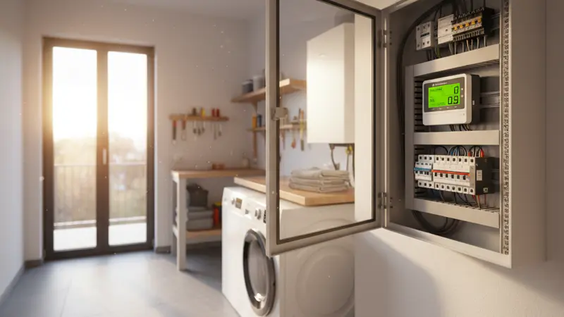 Digitaler Stromzähler Smart Meter in einem Sicherungskasten mit grünem Display