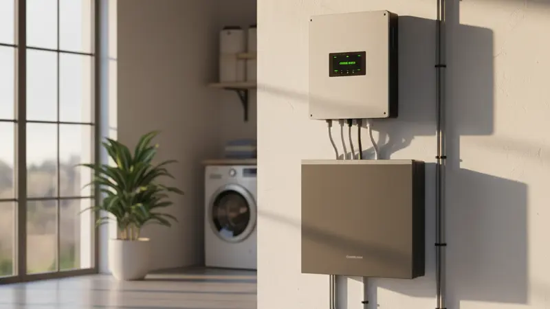 Moderner Hybrid-Wechselrichter und Batteriespeicher an der Wand eines deutschen Hauswirtschaftsraums