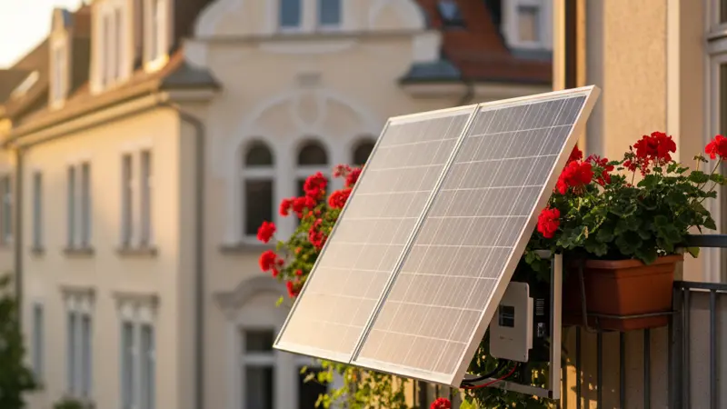 Balkonkraftwerk mit zwei Solarmodulen am Balkongelaender einer Mietwohnung