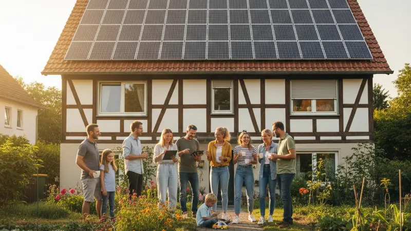 Gruppe von Nachbarn vor einem Wohnhaus mit Solaranlage