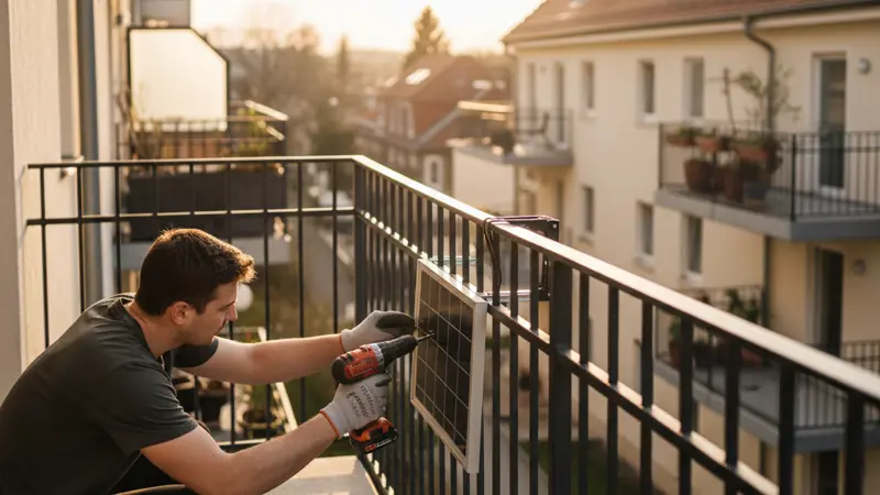 Person montiert ein Solarmodul am Balkongelaender