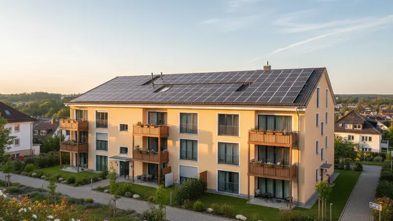Mehrfamilienhaus mit Solaranlage auf dem Flachdach