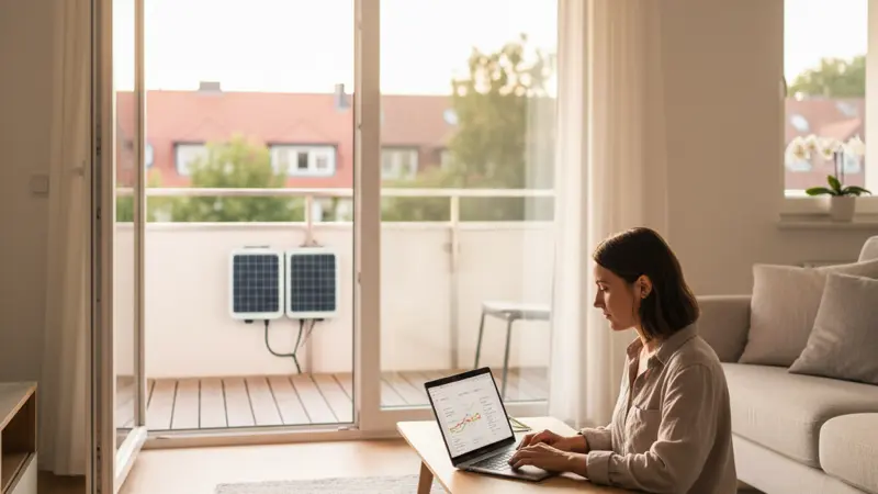 Frau prueft Solarertraege am Laptop mit Blick auf Balkonkraftwerk