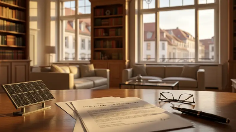 Mietvertrag und Dokumente auf einem Schreibtisch neben einem Solarmodul-Modell