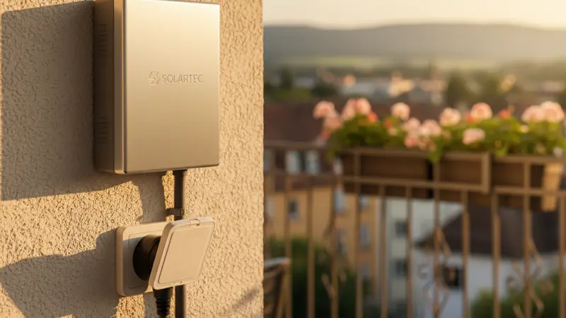 Mikrowechselrichter eines Balkonkraftwerks montiert neben einer Steckdose