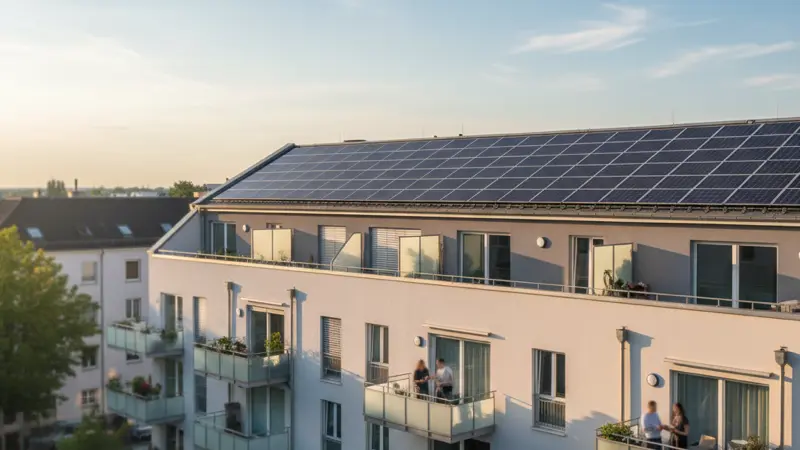Solarmodule auf dem Dach eines deutschen Mehrfamilienhauses mit Mietern auf den Balkonen