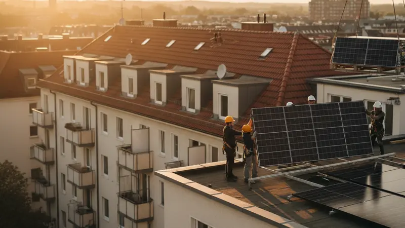 Solarteure installieren PV Module auf dem Flachdach eines Mehrfamilienhauses