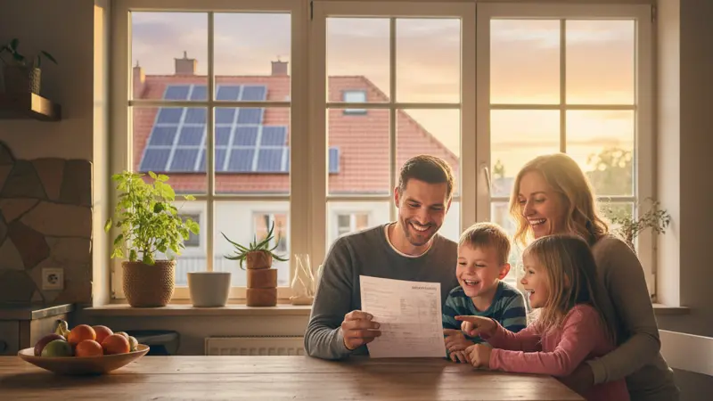 Familie am Küchentisch freut sich über niedrigere Stromrechnung dank Mieterstrom