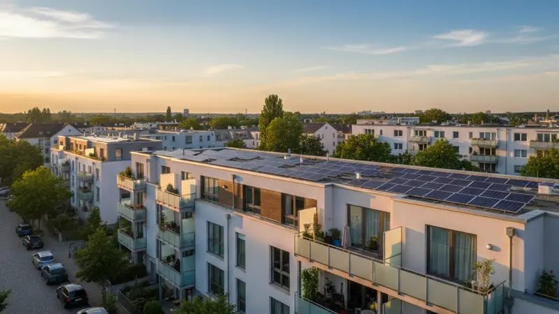 Photovoltaikanlage auf dem Flachdach eines deutschen Mehrfamilienhauses mit blauem Himmel