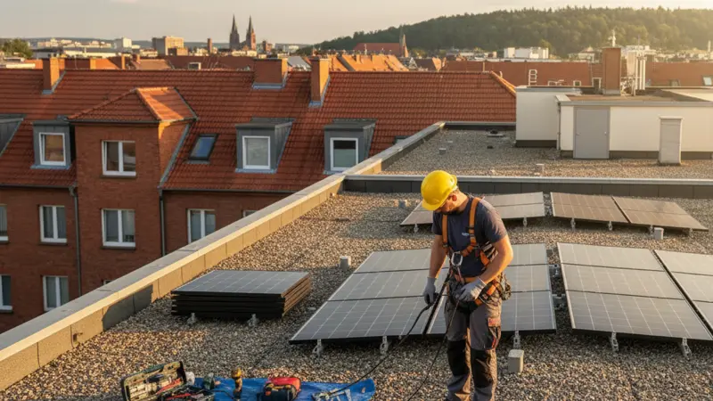 Solartechniker installiert PV-Module auf dem Flachdach eines Mehrfamilienhauses