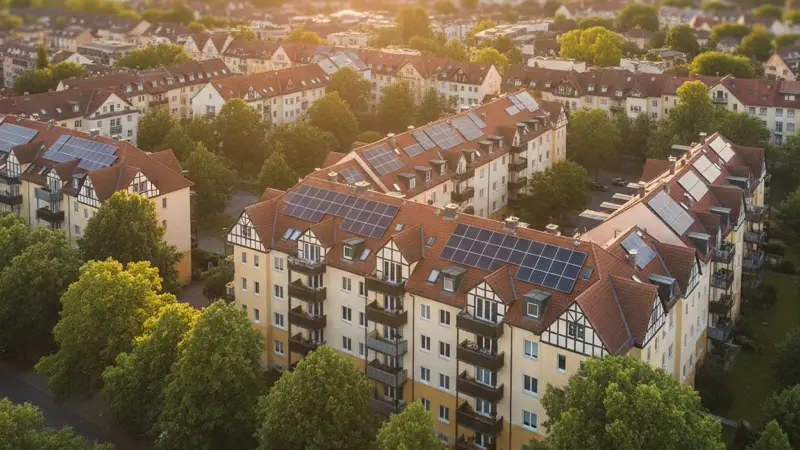 Luftaufnahme einer deutschen Wohnsiedlung mit PV-Anlagen auf den Daechern mehrerer Mehrfamilienhäuser