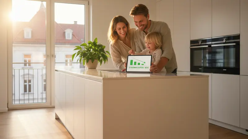 Junge Familie in einer modernen Wohnung schaut auf ihre niedrige Stromrechnung