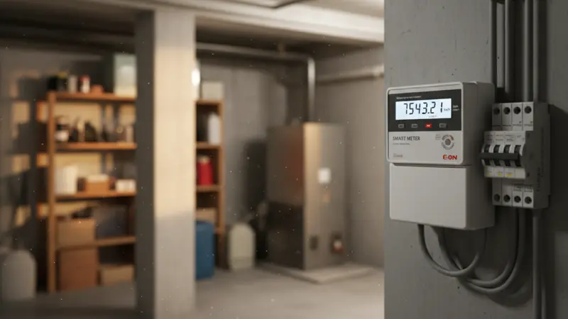 Moderner digitaler Stromzähler in einem Mehrfamilienhaus-Keller