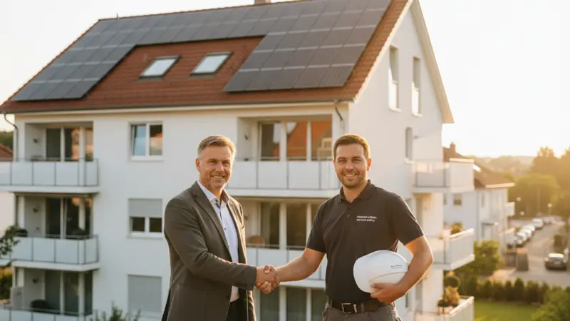 Vermieter und Solarinstallateur besprechen die PV-Anlage vor einem Mehrfamilienhaus