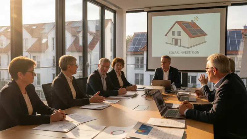 Eigentümer bei einer WEG-Versammlung besprechen die Investition in eine PV-Anlage
