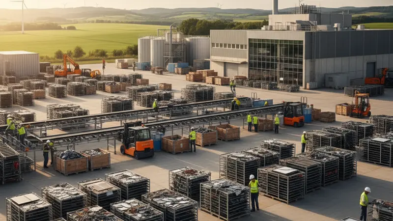 Industrielle Recyclinganlage für Photovoltaikmodule mit Arbeitern und Förderbändern