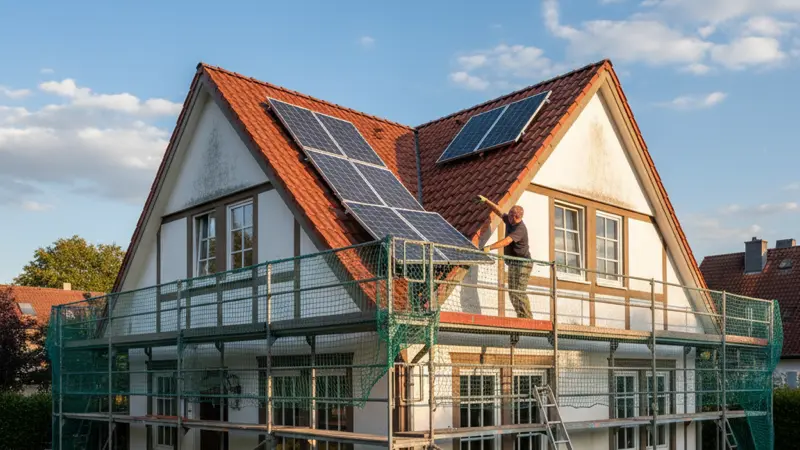 Facharbeiter demontieren alte Solarmodule vom Dach eines deutschen Einfamilienhauses