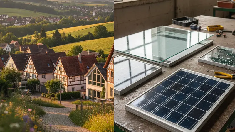 Aufgeschnittenes Solarmodul mit sichtbaren Schichten: Glas, EVA Folie, Siliziumzellen, Rückseite und Aluminiumrahmen
