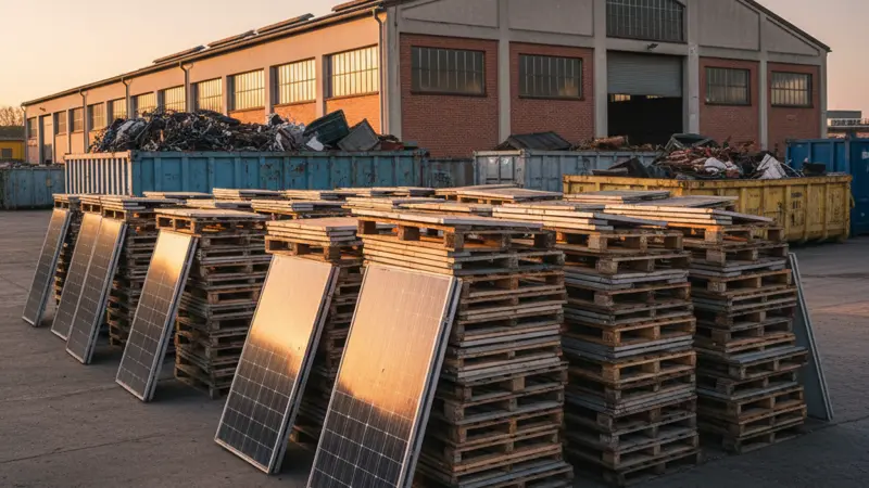 Alte Solarmodule gestapelt an einer Sammelstelle eines Recyclinghofs