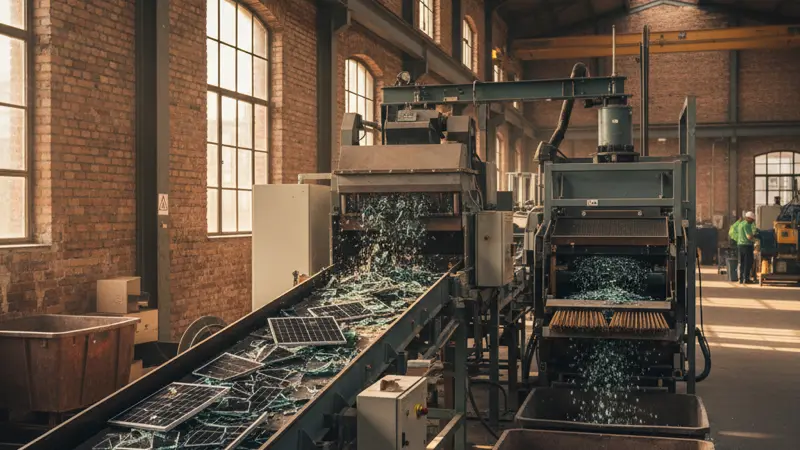 Industrielles Förderband in einer Recyclinganlage für Solarmodule mit mechanischem Schredder und Glastrennungseinheit